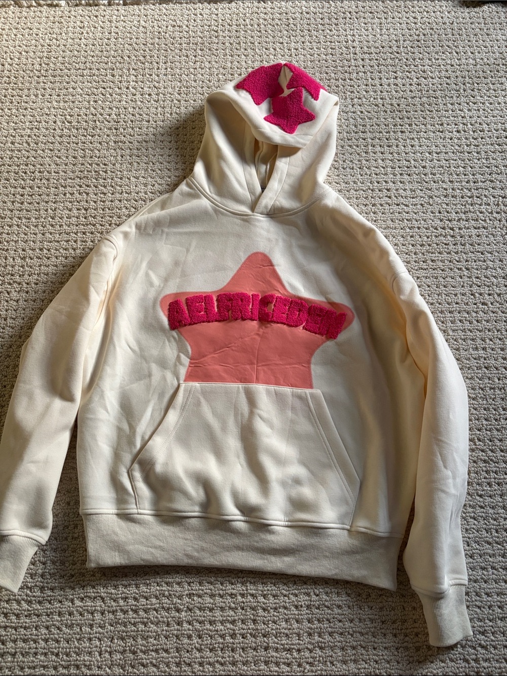 Aelfric Eden Cream Hoodie with Pink Star and Hot Pink Logo